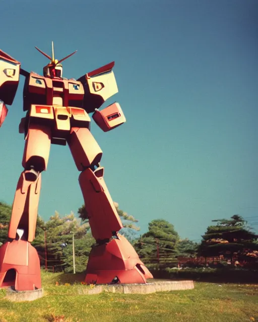 Image similar to a lomographic photo of old gigantic gundam mecha, standing tall above a typical japanese yard in small town, hikone on background, cinestill, bokeh