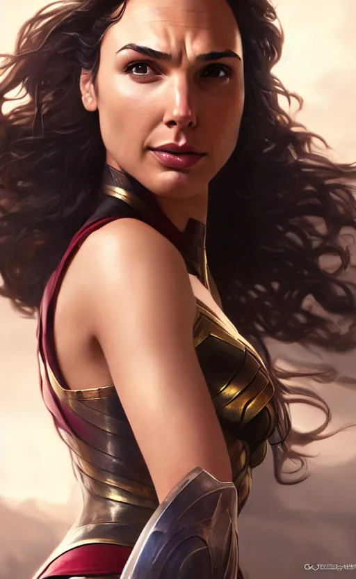 Prompt: gal gadot, hero pose, medium shot, bokeh, beautiful face!!!!, cg animation, lifelike, animated, realistic, character select portrait, by artgerm, greg rutkowski, alphonse mucha, 3 d