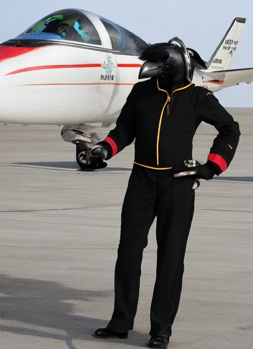 Image similar to a jet pilot with a crow head