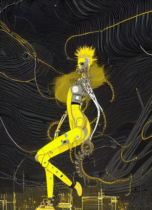 Image similar to highly detailed portrait of wasteland punk long curly bright yellow and white plasma electricity hair tribal lady, stray electric spark wiring by atey ghailan, james gilleard, by joe fenton, by greg rutkowski, by greg tocchini, by kaethe butcher, 4 k resolution, gradient yellow, black and white color scheme!!! ( ( lightning cloudy robotic dystopian city background ) )