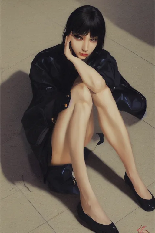 Image similar to a ultradetailed beautiful panting of a stylish woman sitting on the floor in a tiled room, she is wearing an oversized jacket, night time, oil painting, by ilya kuvshinov, greg rutkowski, guweiz and makoto shinkai