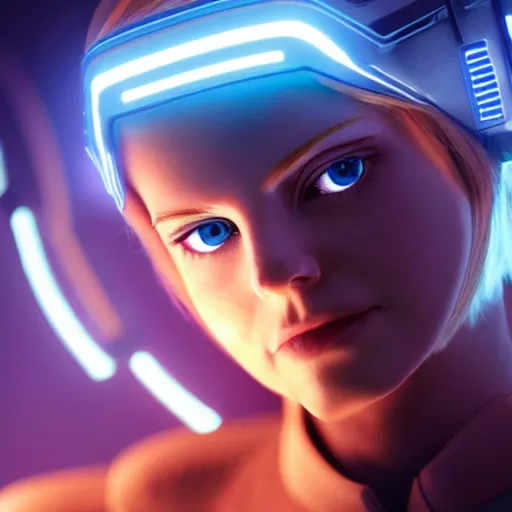 Image similar to Annie Leonhart in a Tron movie, octane render 8k, photorealistic render, atmospheric render, beautiful face, cute, realistic skin, beautiful eyes