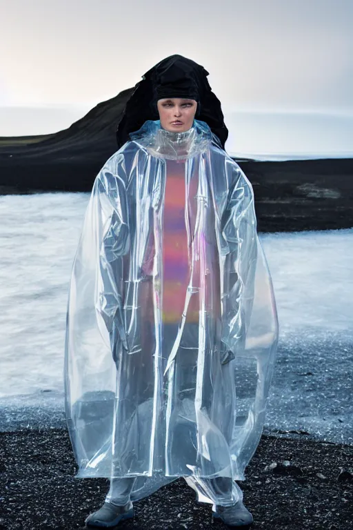 Prompt: an ultra high definition professional high fashion portrait studio full length photograph of a model wearing a transparent pearlescent raincoat and neon visor in an icelandic black rock environment at dawn. no artefacts. extremely detailed. stark. shallow depth of field. volumetric light and shadow. ray tracing. light ray.