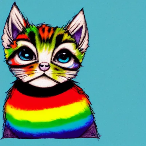 Image similar to wide angle full body, of a fluffy cute rainbow kitten wearing a black motorcycle jacket, concept art