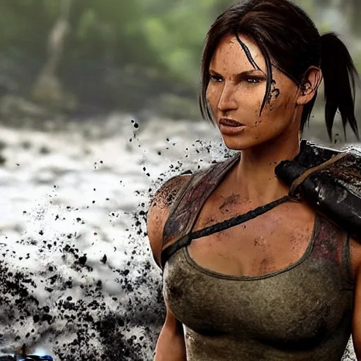 Image similar to film scene muscular lara croft emerges from the river water, her face is covered with mud, part of the body is still in the river