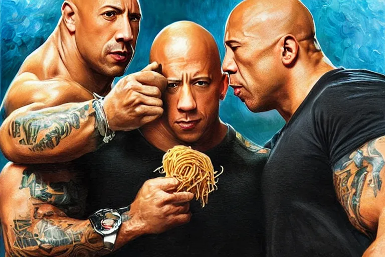 Image similar to portrait of vin diesel and dwayne the rock johnson sharing spaghetti noodle kiss, an oil painting by ross tran and thomas kincade