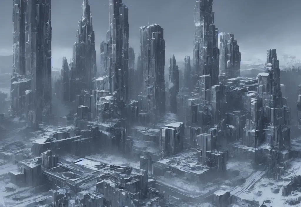 Image similar to Small brutalist modern concrete and metallic tower on a cold, snowy hill. Concept art, star citizen.