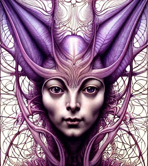 Image similar to detailed realistic beautiful orchid mantis goddess face portrait by jean delville, gustave dore, iris van herpen and marco mazzoni, art forms of nature by ernst haeckel, art nouveau, symbolist, visionary, gothic, neo - gothic, pre - raphaelite, fractal lace, intricate alien botanicals, ai biodiversity, surreality, hyperdetailed ultrasharp octane render