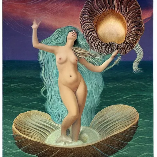 Image similar to The collage depicts the moment when the goddess Venus is born from the sea. She is shown standing on a giant clam shell, with her long, flowing hair blowing in the wind. The collage is full of light and color, and Venus looks like she is about to step into a beautiful, bright future. dada, cosmic horror by Caspar David Friedrich, by Alice Rahon magnificent