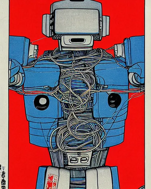 Prompt: Hiroshige portrait of a robot saint made of cables and robotic pod by Jack Kirby