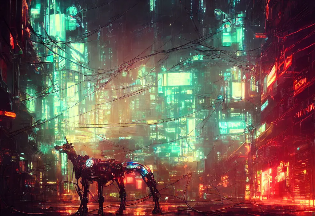 Prompt: glowing robot cyborg unicorn, many wires and neon lights exposed, metal and glowing eyes, cyberpunk, highly detailed painting by jeremy mann and cd projekt red