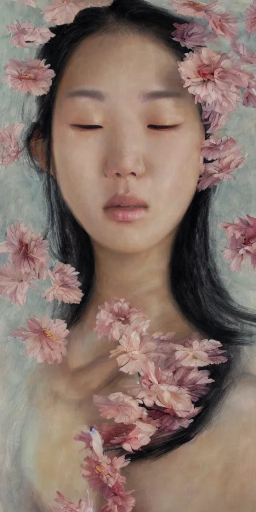 Image similar to beautiful highly detailed and expressive oil painting of a korean woman's face dissolving into petals, masterpiece, dynamic lighting,