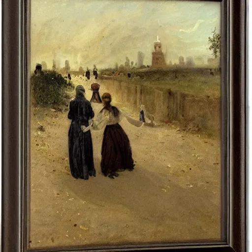 Image similar to young lady and gentleman fleeing the catacombs, by alfred stevens