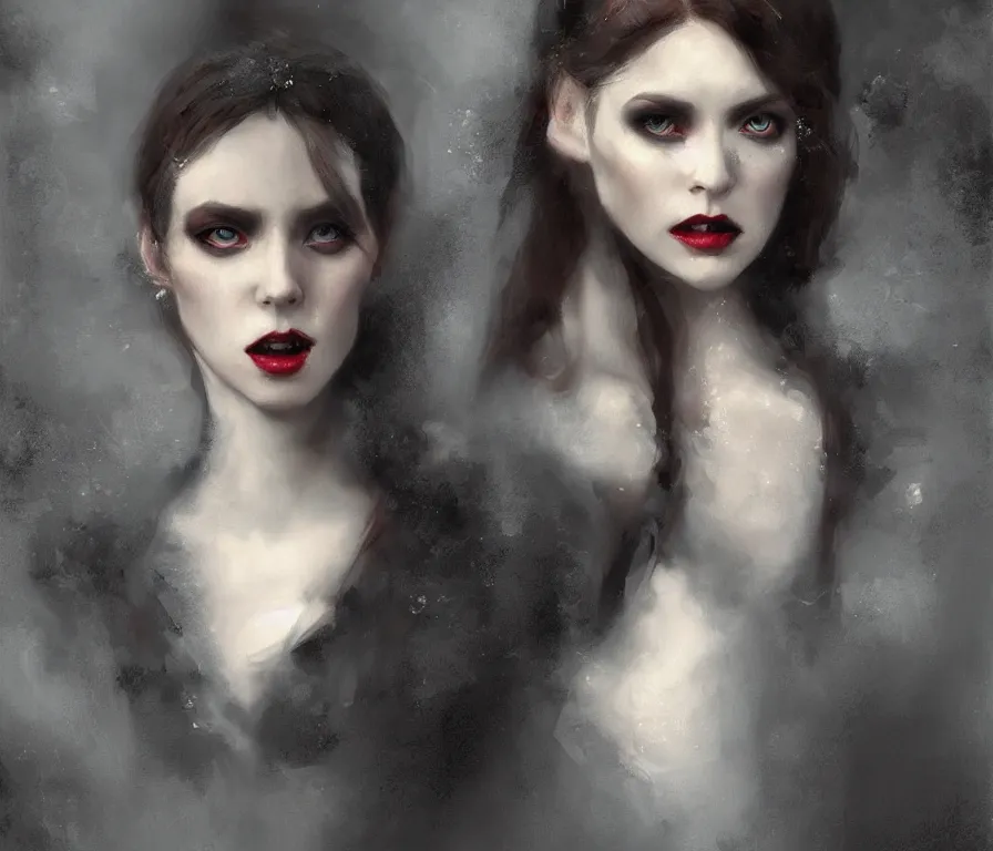 Prompt: a photorealistically painted portrait of lady vampire!!!!, dressed in a suit, perfect face!!!, beautiful eyes!!, digital painting, concept art, minimal artifacts, volumetric lighting, Artgerm and William-Adolphe Bouguerea, in the style of Tom Bagshaw, cinematic!!, stunning!, trending on Artstation!, award winning art!!!