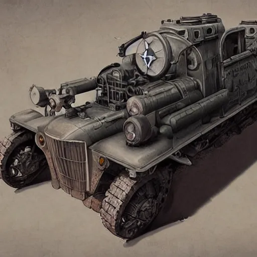 Image similar to a highly detailed epic cinematic concept art CG render digital painting artwork: dieselpunk patrol car inspired by a locomotive. By Greg Rutkowski, Ilya Kuvshinov, WLOP, Stanley Artgerm Lau, Ruan Jia and Fenghua Zhong, trending on ArtStation, subtle muted cinematic colors, made in Maya, Blender and Photoshop, octane render, excellent composition, cinematic atmosphere, dynamic dramatic cinematic lighting, precise correct anatomy, aesthetic, very inspirational, arthouse