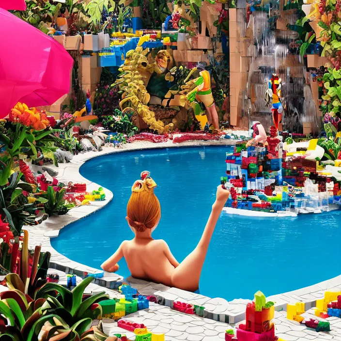 Prompt: a photograph of a miniature young woman made of legos sitting by the pool from the movie bill & ted's excellent pool party, fractal cyborg ninja background, 8 k, realistic, highly detailed, art by todd mcfarlane, artgerm, greg rutkowski, alphonse mucha, hajime sorayama