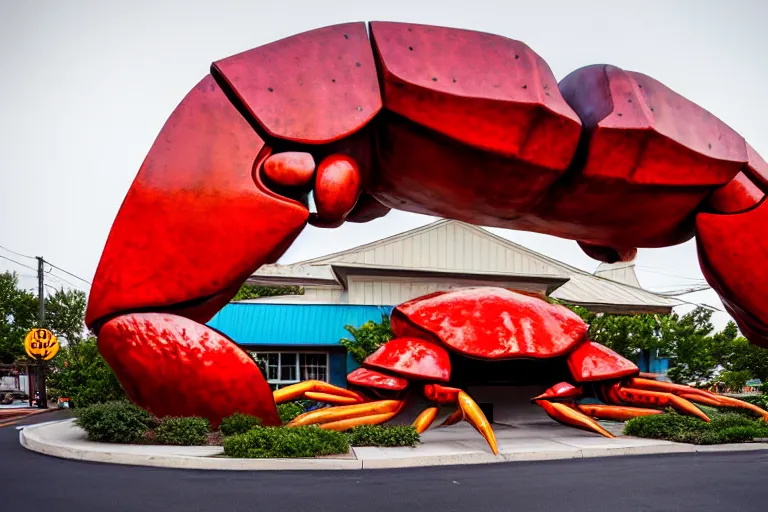 Image similar to 1 9 8 5 crab themed giant sculpture, googie architecture, one point perspective, americana, fishcore, restaurant exterior photography, hd 8 k, taken by alex webb