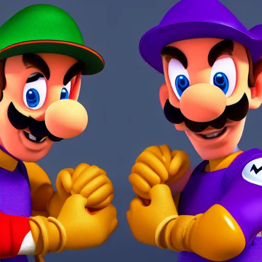 Image similar to Portrait of Max Verstappen as Waluigi and Charles Leclerc as Mario, nintendo, high detail, realism, 4k