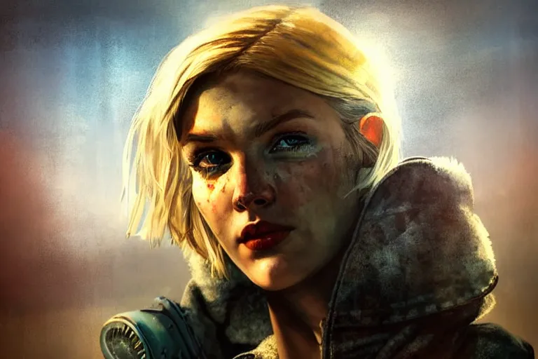 Prompt: fallout 5, charismatic beautiful rugged blonde female protagonist, portrait, outdoors european cityscape, atmospheric lighting, painted, intricate, volumetric lighting, beautiful, daytime, winter, clear weather, mutated wildlife, sharp focus, deep colours, ultra detailed, art by william turner