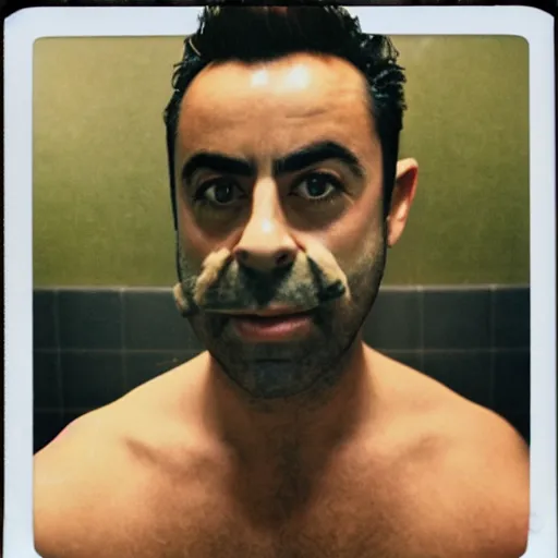 Prompt: polaroid picture of xavi hernandez smelling grass in his bathroom to not be seen by anyone