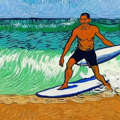 Image similar to an artistic photo of barack obama surfing in hawaii, high quality, colourful, hero, 1 9 8 8, heroic, artistic, beautiful, in the style of vincent van gogh