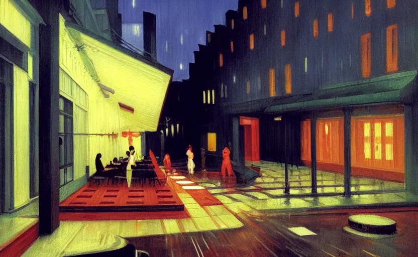 Image similar to exterior of cyberpunk restaurant during a melancholy rainy night by hopper, edward