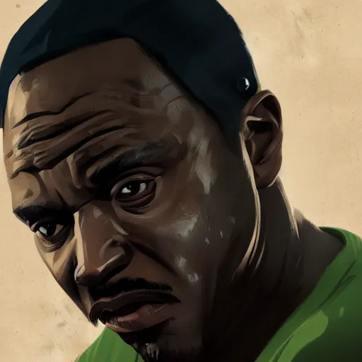Prompt: old black man face, flat background, greg rutkowski gta san andreas art