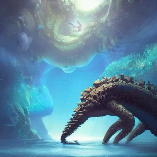 Image similar to Astronauts are riding some mythical animals and they are swimming under a sea, this is an extravagant planet with wacky wildlife, the giant kraken is behind them, the background is full of ancient ruins, by Jordan Grimmer digital art, trending on Artstation,