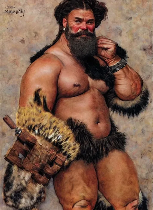 Image similar to eddie hall as hercules dressed in animal skins, by jlawrence alma tadema and rick berry and norman rockwell and greg staples