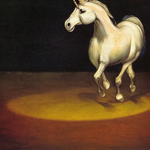 Image similar to a unicorn walking on rainbow in the style of caravaggio