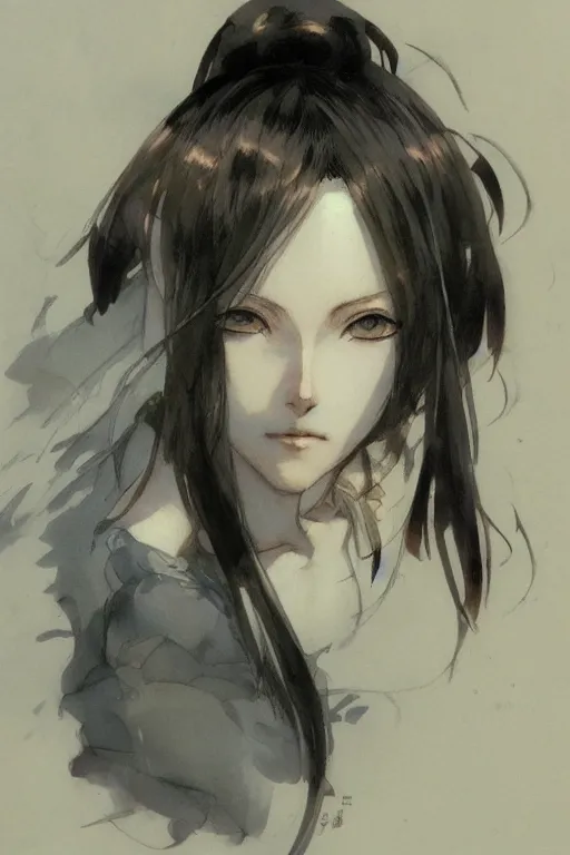 Image similar to Portrait of anime woman by Amano Yoshitaka, Kentaro Miura, Claire Wendling ,Krenz Cushart