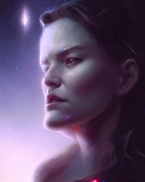 Prompt: epic portrait cinematic shot an giant female face in space, dark, stars, glowing, glowing eyes, fine details. night setting. realistic shaded lighting poster by craig mullism, artgerm, jeremy lipkin and michael garmash, unreal engine, radiant light, detailed and intricate environment, digital art, trending on art station,