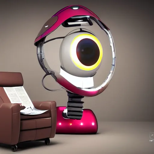 Image similar to futuristic studious matte brown and red and chrome full-body humanoid robot with two huge round expressive sad purple glowing LED eyes and open rectangular mouth sitting on a large comfortable cushioned 1950s vintage recliner reading a newspaper. open newspaper. Cinematic Movie Photograph, Arri Alexa, Extremely Detailed, smooth, very very clean, 8K, octane render, maya render, unreal engine, trending on artstation, DSLR, excellent composition, center frame