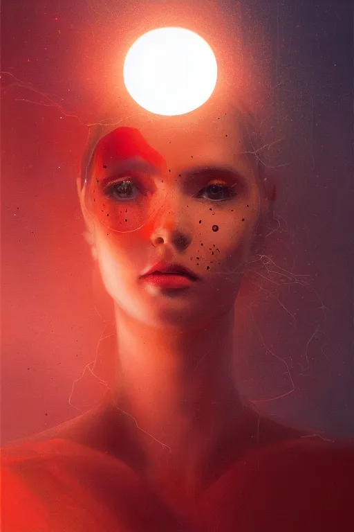 Image similar to 3 d, sci - fi, morning, fashion model face, sun, cinematic, lightning, clouds, vogue cover style, stanley kubrick, light red and orange mood, realistic painting, intricate oil painting, high detail, figurative art, multiple exposure, poster art, 3 d, by tooth wu and wlop and beeple and greg rutkowski