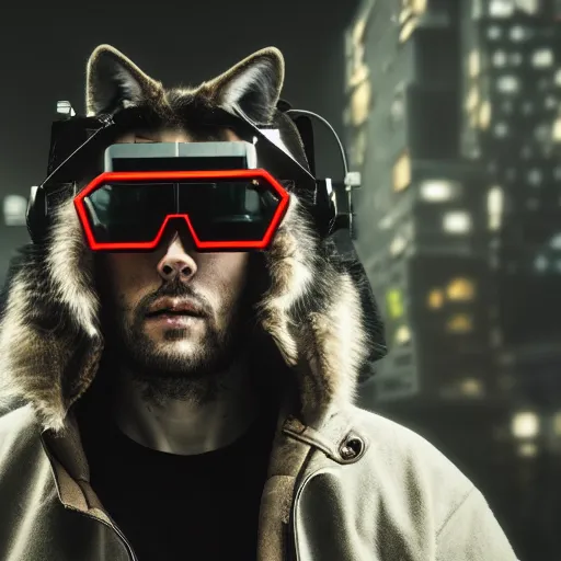 Prompt: portrait of wolf with cyberpunk vr glasses, style of cyberpunk, editorial photography, award winning, establishing shot