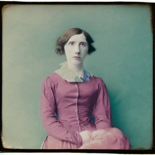 Prompt: a lonely girl in an empty room, colored daguerreotype, by Mackintosh, bright pastel colors,