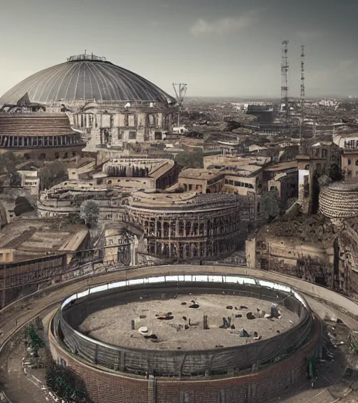 Prompt: former gasometer in rome, trending on artstation, behance, octane render, award winning, archviz, matte painting, epic