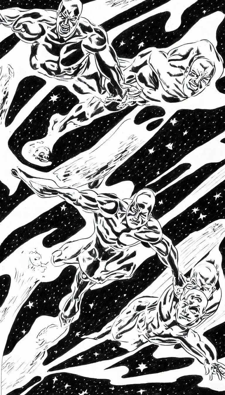 Prompt: silver surfer in space hovering above earth, by steve ditko, black and white, pencil drawing,