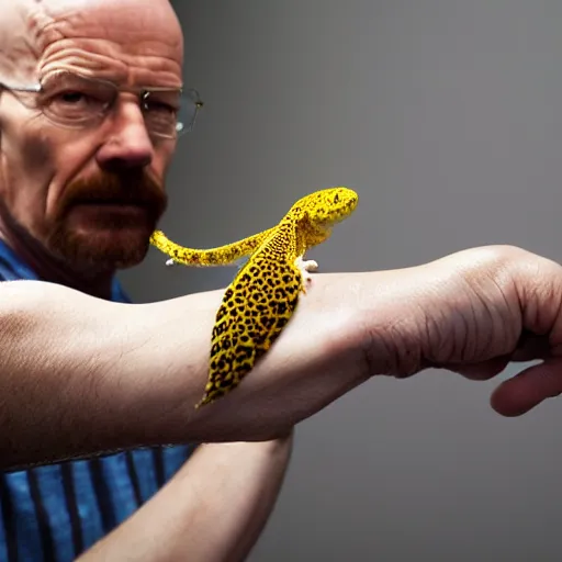 Image similar to walter white holding a leopard gecko