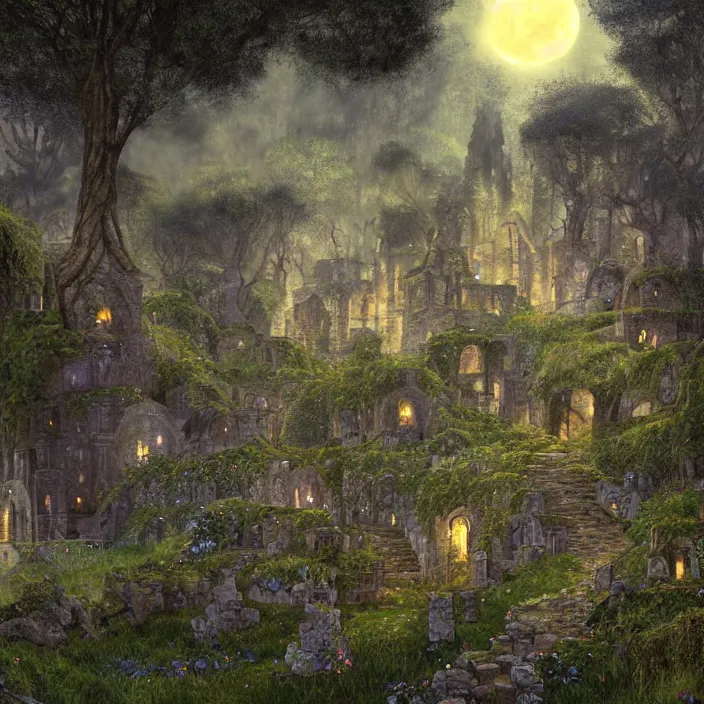 Prompt: ancient overgrown! ruins lit by moonlight!, twilight, medieval gates, runestones, beautiful lanters, mysetrious etherial mesmerizing runic!! cat eyes, magical elven geometry, concept art by gustav klimt!, deviantart contest winner, environmental art, high detail, intricate masterpiece