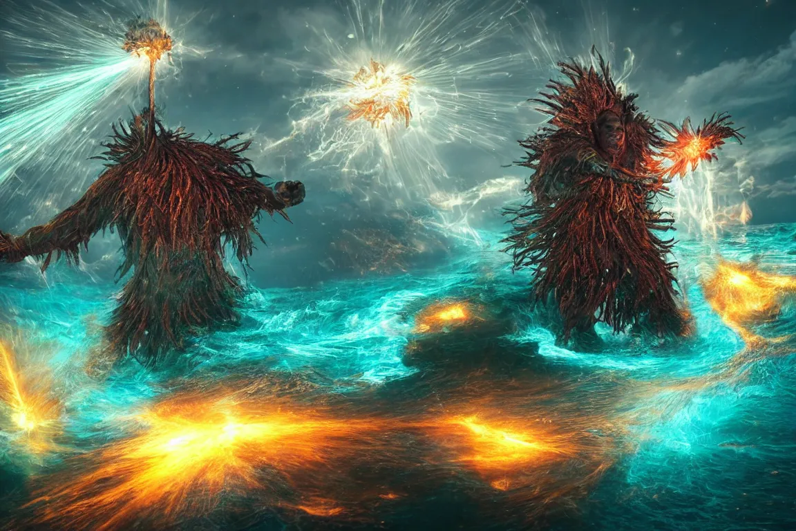 Image similar to colossal shaman god destroying very living thing in the ocean, made of lasers, cast across the night sky, 8 k, ultra realistic, lens flare, atmosphere, glow, detailed, intricate, full of colour, cinematic lighting, trending on artstation, 4 k, hyperrealistic, focused, extreme details, unreal engine 5, cinematic, masterpiece