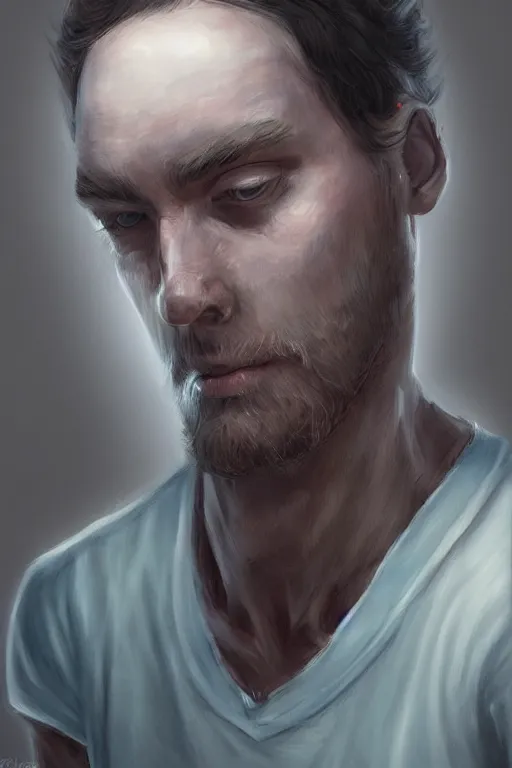 Prompt: digital portrait of depressed man sitting on a cot in a mental hospital rafa sandoval and shawn coss, hyperrealistic, centered, deviantart, artgerm