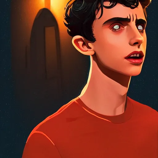 Prompt: portrait of thimotee chalamet as the night crawler, bleak and oppressive atmosphere, distress, mattepainting concept blizzard pixar maya engine on stylized background splash comics global illumination lighting artstation, sharp focus, lois van baarle, ilya kuvshinov, rossdraws