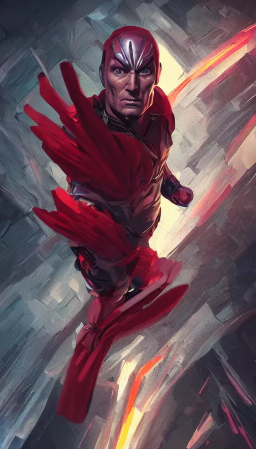 Prompt: An epic fantastic realism comic book style painting of a Magneto, fisheye lens, unreal 5, DAZ, hyperrealistic, octane render, dynamic lighting