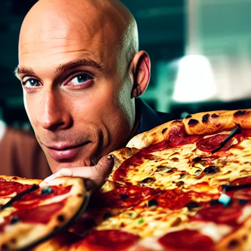 Prompt: johnny sins eating pizza, realistic photo, detailed face, cinestill