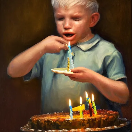 Image similar to intricate five star portrait of fish man blowing the candle at his birthday, oil on canvas, hdr, high detail, photo realistic, hyperrealism, matte finish, high contrast, 3 d depth, centered, masterpiece, grainy, muted colors, enhanced light effect, enhanced eye detail, artstationhd