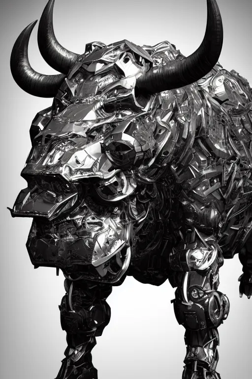 Image similar to a full body shot of a cyborg ( bull ) modeled after a bull looking into the camera, android, cyborg, full body shot, intricate, 3 d, hyper realism, fantasy, depth of field, octane render, symmetrical, highly detailed, digital art, artstation, concept art, cinematic lighting, trending