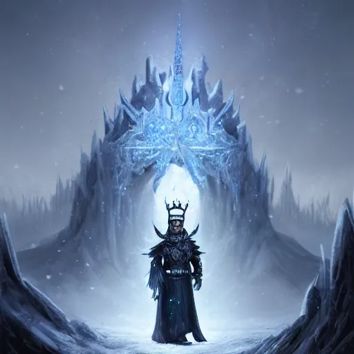 Image similar to a matte painting of the lich king wearing a crown made of ice, frozen, world of warcraft, digital art, fantasy, realistic lighting, in the style of greg rutkowski