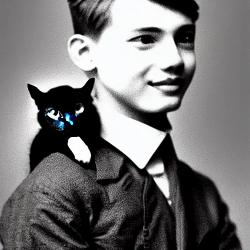 Image similar to a photo of a young man with a cat sitting on top of his head