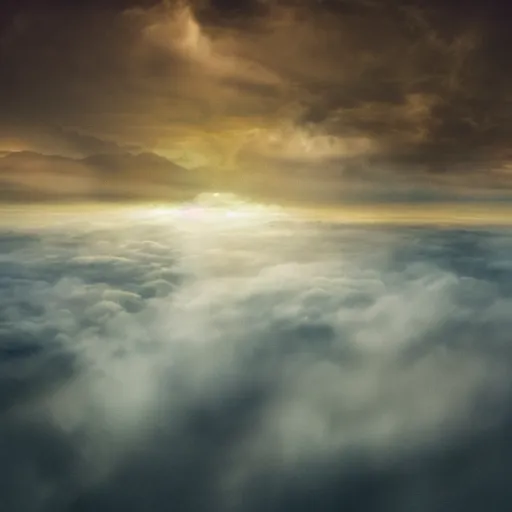 Image similar to an eternal being that lives above the clouds, realistic lighting, aerial view, creepy atmosphere